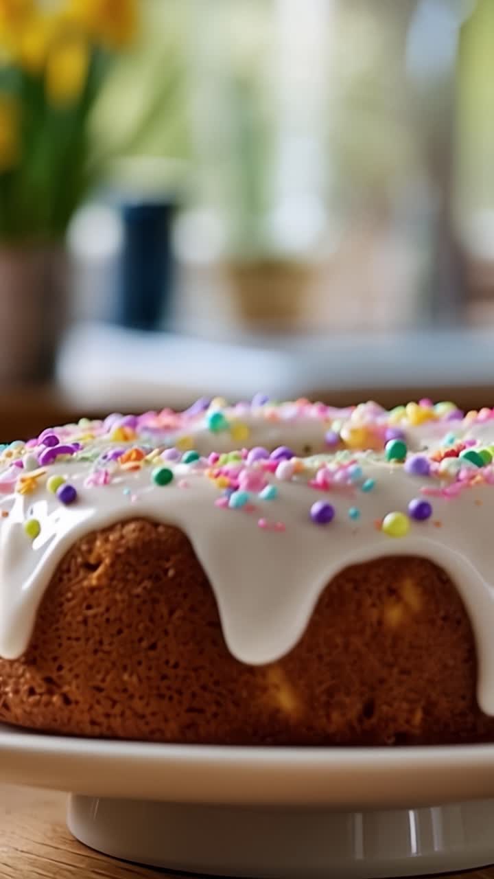 Köstlicher, glasierter Kuchen mit bunten Streuseln, perfekt für Feiern und besondere Anlässe, mit saftigem Kuchenboden und cremigem Guss.