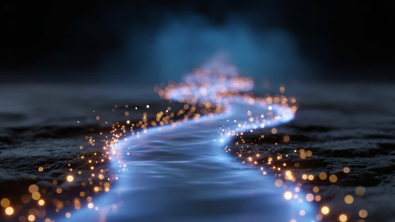 Un fiume fluente e incantevole, illuminato da particelle scintillanti, crea uno spettacolo visivo affascinante, trasportando gli spettatori in un paesaggio mistico e sereno di luce.