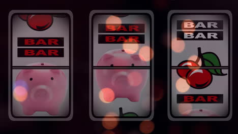 animation of bokeh lights over rotating fruit machine, stopping on three of a kind