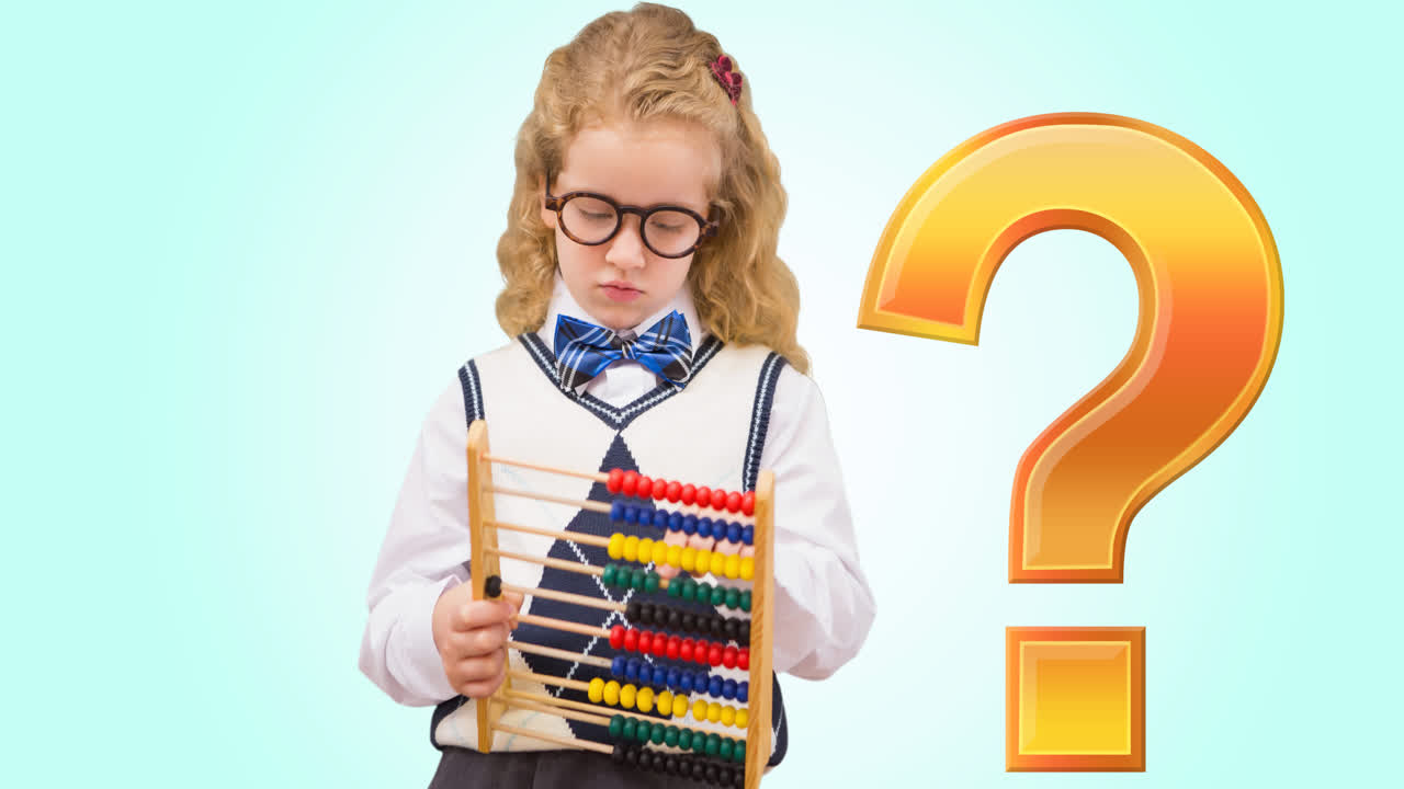 Animation of gold question mark over caucasian schoolgirl using abacus, on blue