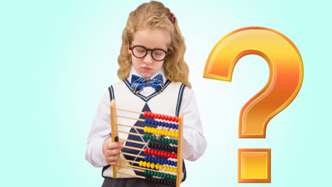 animation of gold question mark over caucasian schoolgirl using abacus, on blue