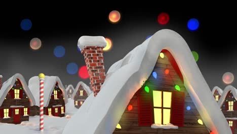 Animation-of-stars-falling-colorful-lights-over-houses-with-fairy-lights