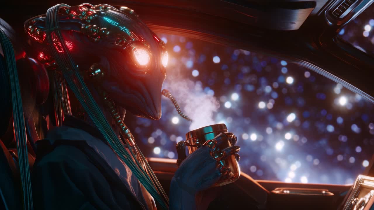 A futuristic alien creature, characterized by its luminescent eyes and intricate metallic features, enjoys a steamy beverage while gazing out into a starry cosmic expanse from a stylish vehicle interior