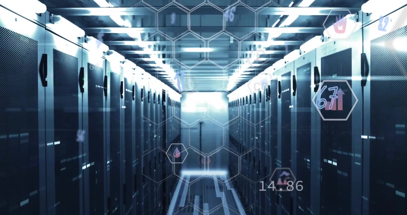 Animation of data processing with hexagons and icons over server room