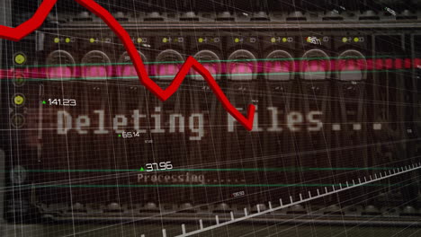 animation of red line and digital data processing over computer servers