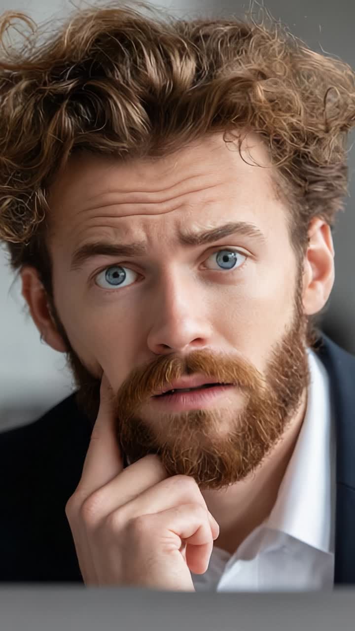 Captivating Expressions: A Series of Close-Up Frames Showcasing a Man's Transformative Emotions and Thoughts Through Different Facial Gestures