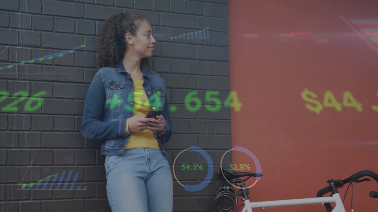 Donna che scorre lo smartphone, generando grafici azionari su un pannello e una ruota di bicicletta per la revisione del mercato.