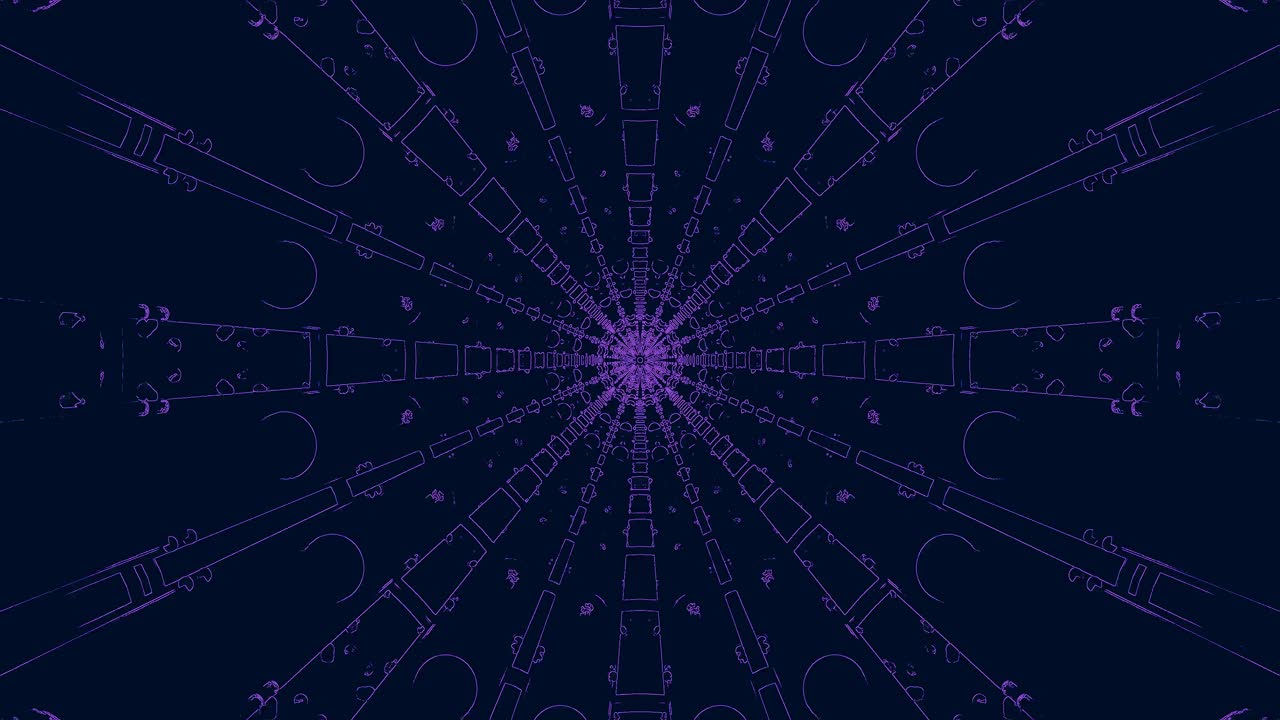 The scene shows a tunnel made of repeating patterns and shapes. The motion is smooth and continuous, creating a dynamic visual experience with a digital feel and a futuristic environment