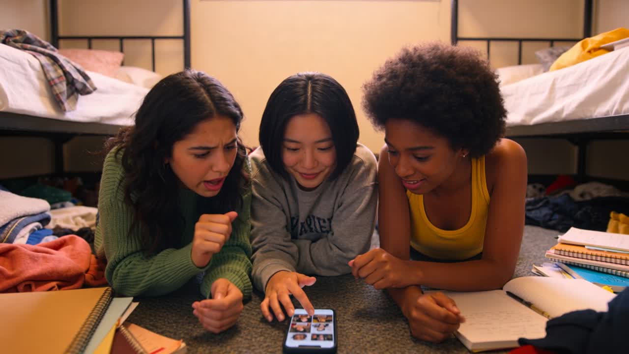 3 peers lying on dorm floor middle student tapping phone moving grid growing mates planning study