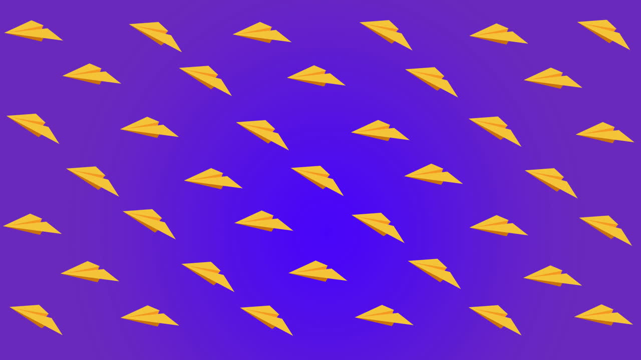 Animazione di icone multiple di aeroplani di carta che fluttuano su sfondo sfumato blu.