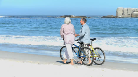 Aged-couple-walking-with-bikes