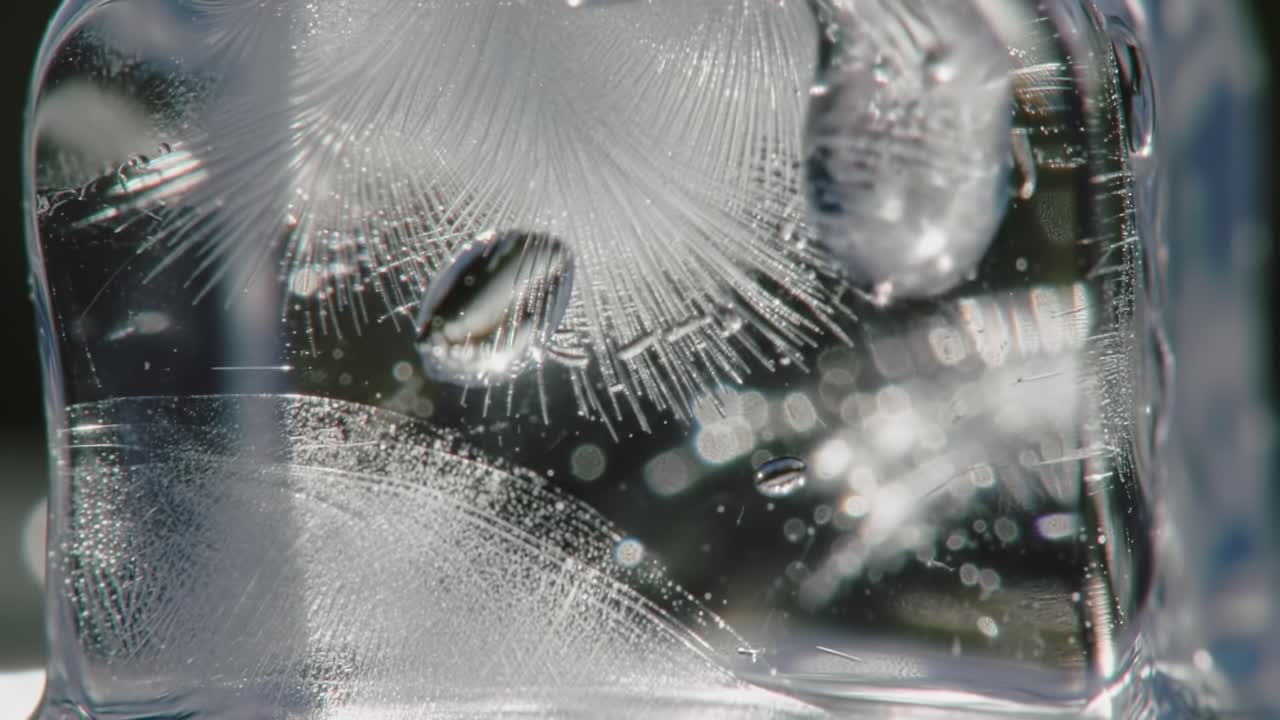 Captivating Ice Formation: A Close-Up Exploration of Intricate Patterns and Microbubbles Embedded in Clear Ice, Revealing Nature’s Hidden Artistry
