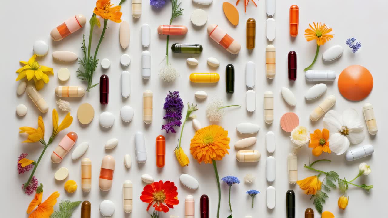Colorful Arrangement of Pills and Flowers
