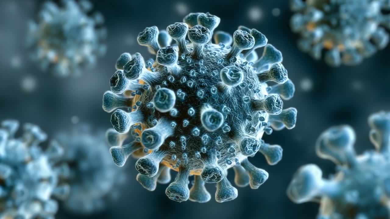 Detailed Visualization of a Viral Structure Under Microscope: A Close-up Examination of Pathogenic Entities and Their Intricate Surface Features