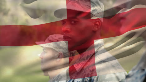 Animation-of-flag-of-england-over-diverse-male-soldiers