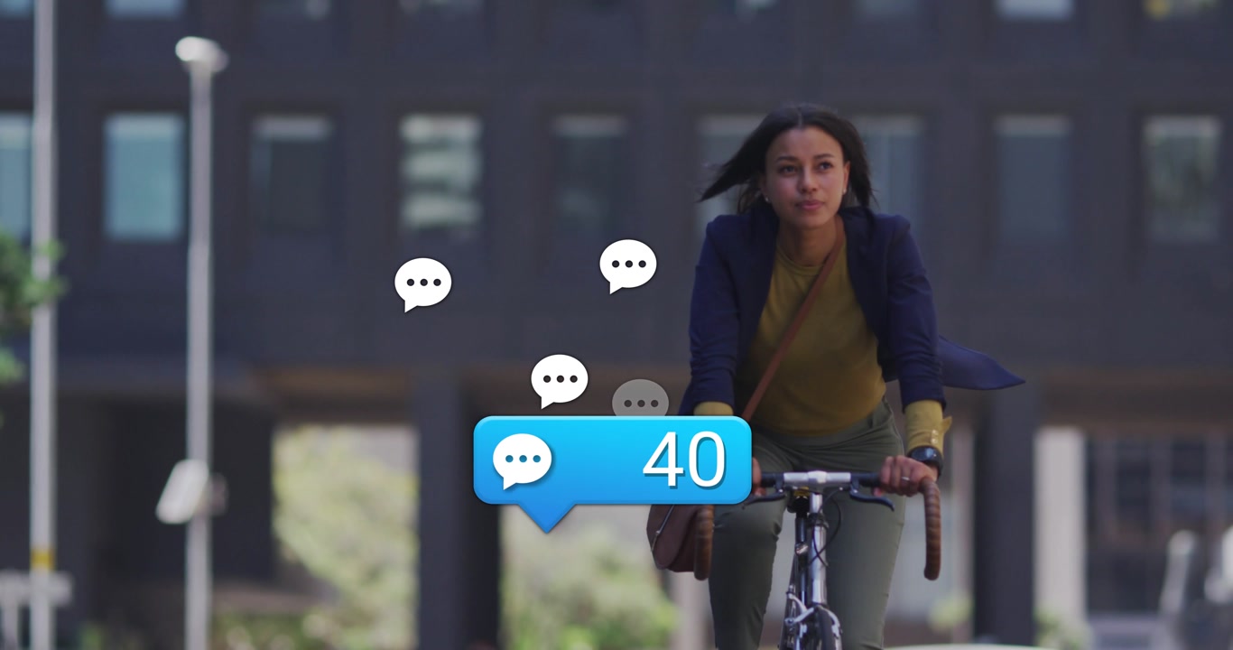 Rider nearing camera, bubble appearing, counter rising to 77, messages clustering around rider ads