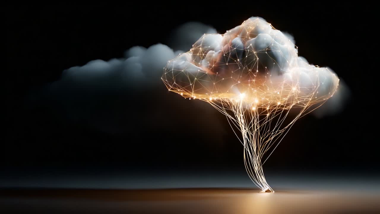 A mesmerizing visual of a digital cloud emanating vibrant light strands, beautifully illustrating the fusion of technology and nature, highlighting its ethereal connections in a darkened background