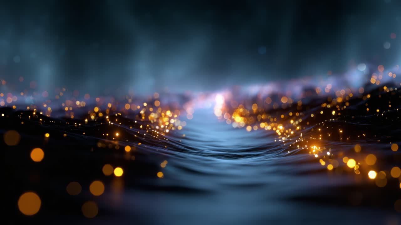 Un’immagine ipnotica di luci scintillanti che danzano su uno specchio d'acqua tranquillo, creando un'atmosfera incantevole, piena di mistero e fascino