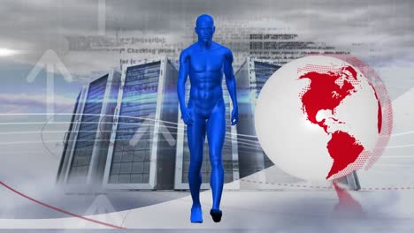 modelo humano caminando sobre globo giratorio y servidores de computadora contra nubes en el cielo