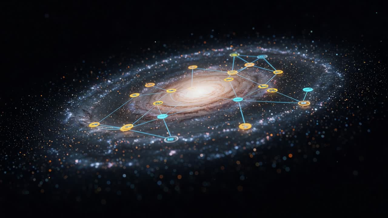 Exploring the Wonders of the Universe: A Stunning Visualization of a Spiral Galaxy with Networked Nodes Connecting the Cosmic Realm in Stunning Detail