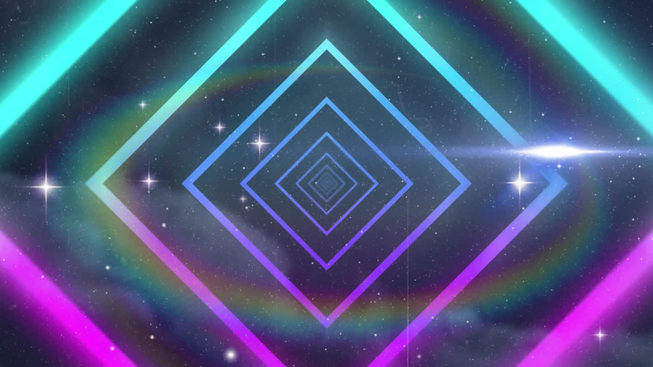 별 위에서 터널을 형성하는 루프 로의 애니메이션과 공간에 대한 렌즈 플레어