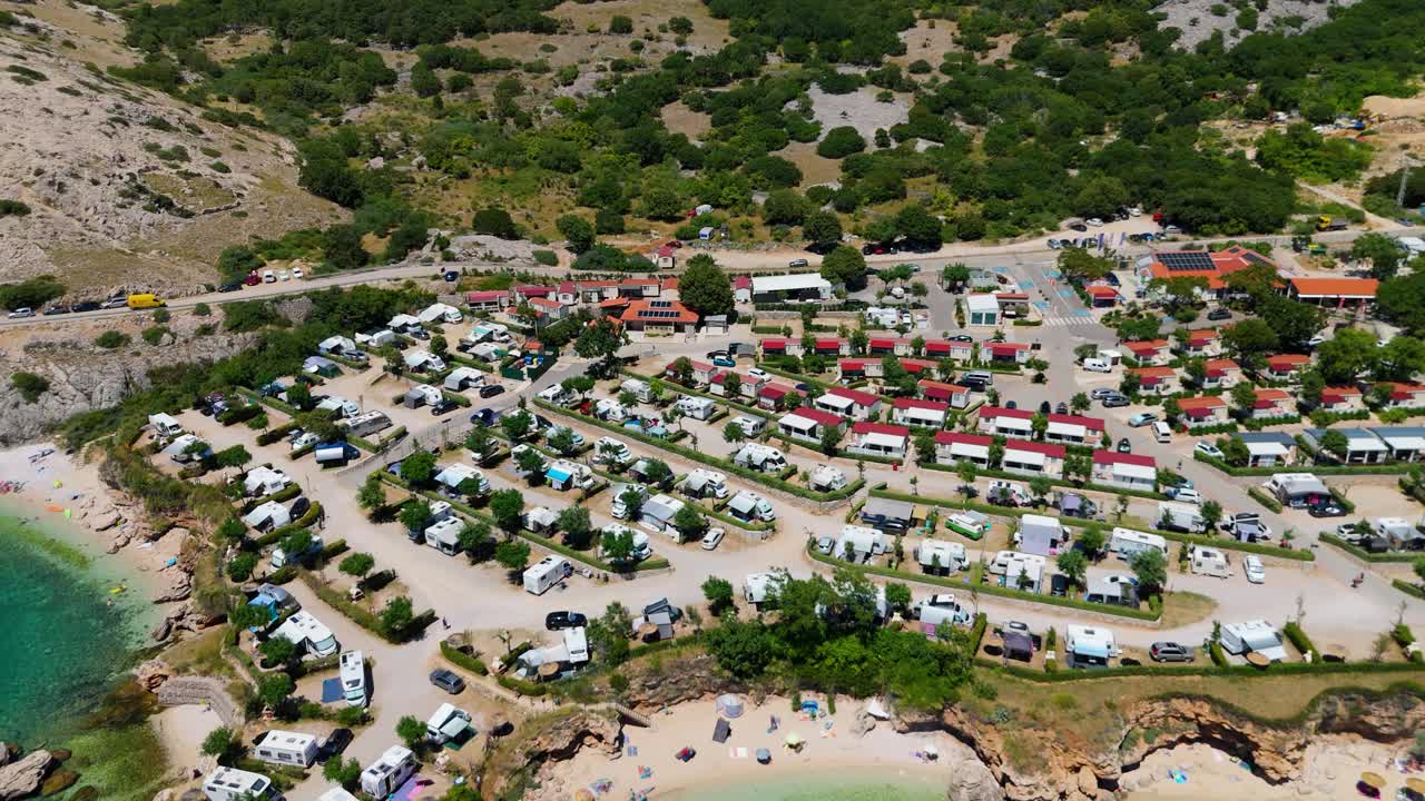 Campsite at Campig Skrila, Krk Island, Stara Baska Croatia, Aerial View of the Mountains and Coast With Boats, Beaches and Adriatic Sea. The Seaside Rv Campmobiles on a Summer Beautiful Coastline