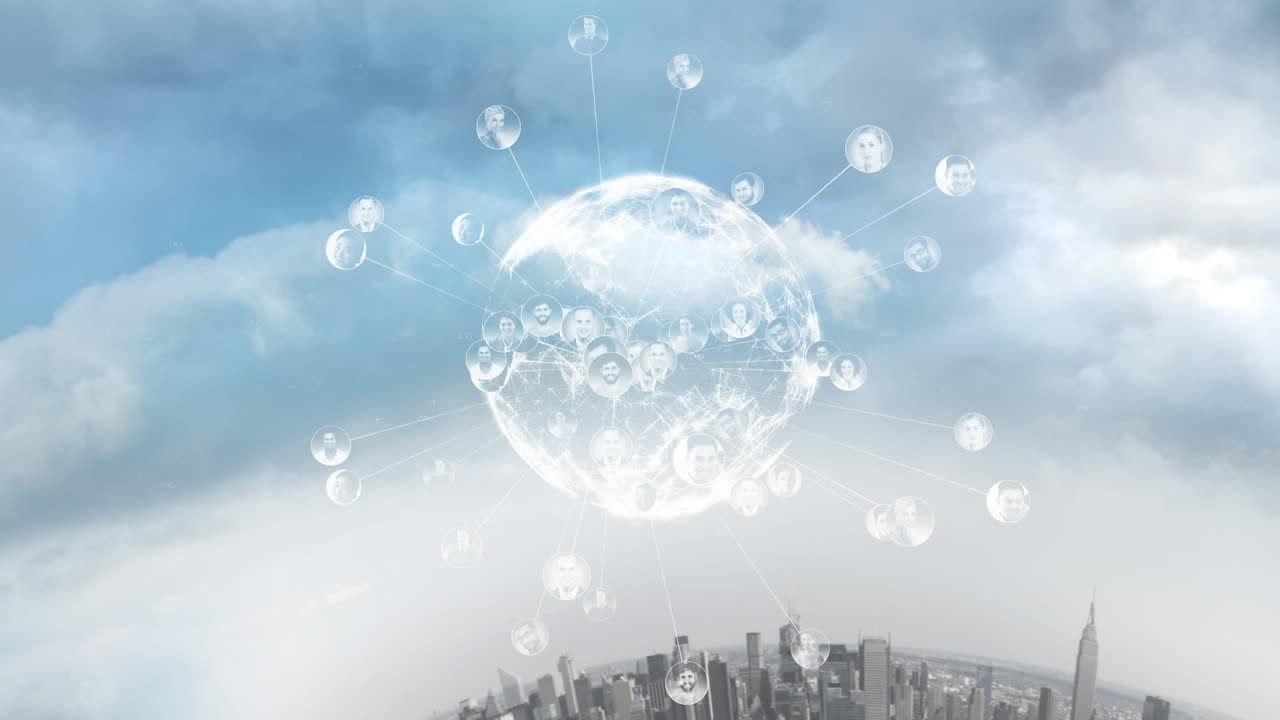 Global network of connections animation over cityscape with cloudy sky