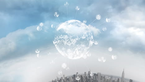 global network of connections animation over cityscape with cloudy sky