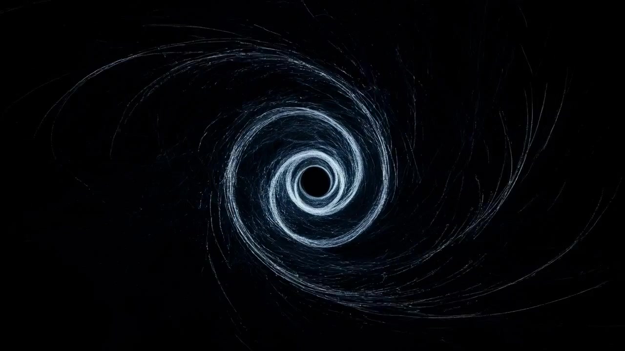 Hvirvlende sort hul-vortex i rummet, lysende spiral af partikler roterende mod singularitet, dyb
