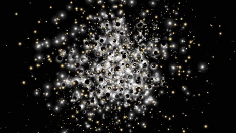 simulación atómica molecular con movimiento de partículas energéticas y agrupamiento gravitacional de la materia central