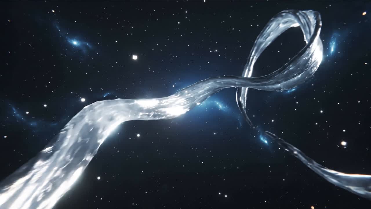 Flowing silvery ribbon being drawn into loop around bluish light in starfield, with camera orbiting