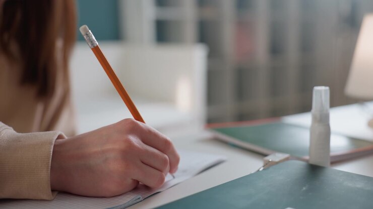 Home desk writing practice with pencil and notebook, student hands completing grammar exercises at cozy study table with lamp and small spray bottle, tutor coaching presence implied, deliberate