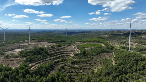 stunning wide panoramic view of wind farm power technology of coll de moro in spain