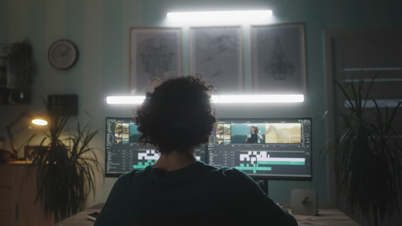Person editing video at home at night