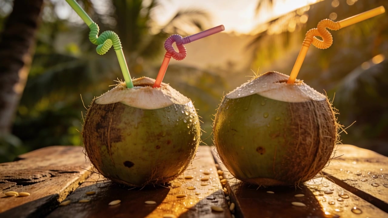 Swaying straws in wind brushing halved green coconuts on wooden table, warm sun shining on droplets