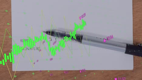 animation of data processing against close up of a pen and blank paper on wooden surface