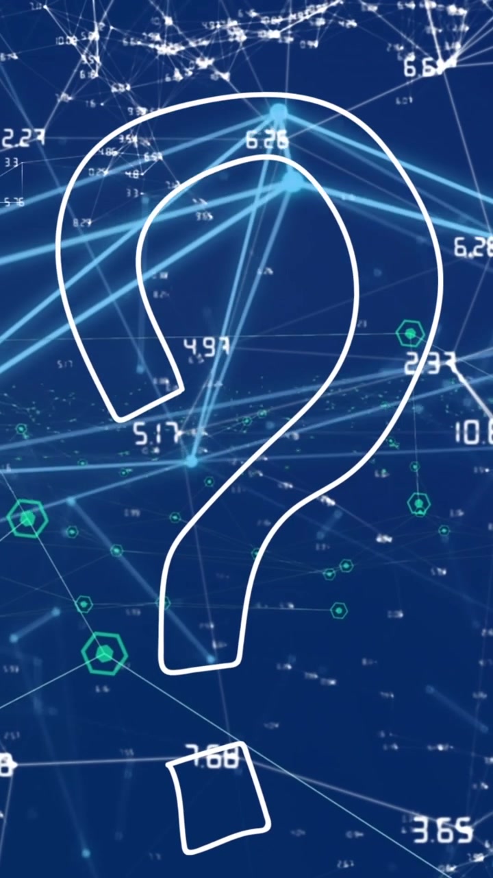 Animation of question mark over network of connections with data processing on blue background