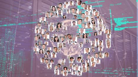 animación de iconos de perfiles de negocios en el procesamiento de datos contra la sala de servidores de computadoras