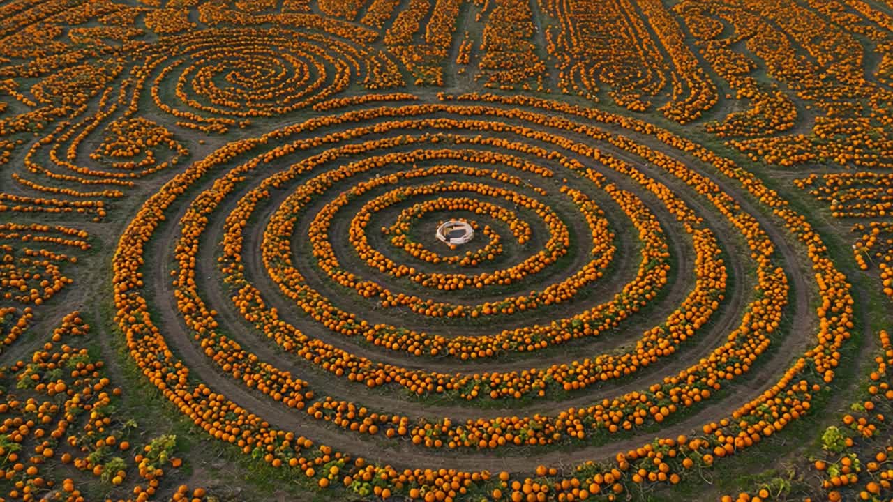 Aerial View of a Captivating Spiral Pumpkin Maze Showcasing Vibrant Orange Pumpkins Tightly Packed in Intricate Patterns on a Lush Green Field