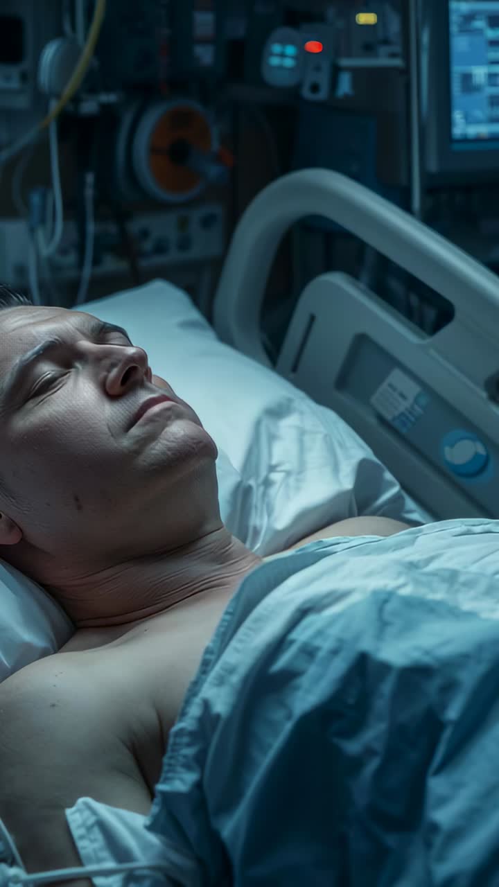 Vídeo vertical: monitor monitorando a respiração de paciente em cama para verificar sinais vitais, lençol subindo, rolo laranja
