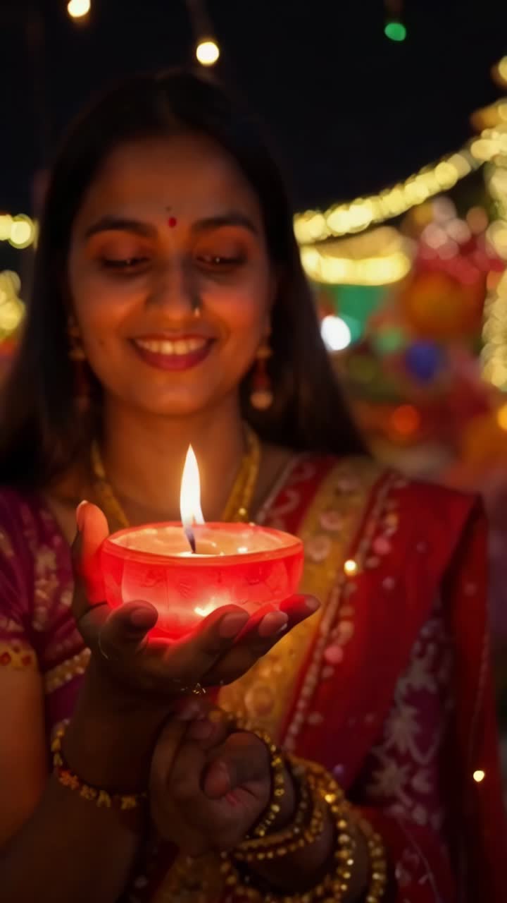 An indian woman is holding a candle in her hand, Diwali tradition.