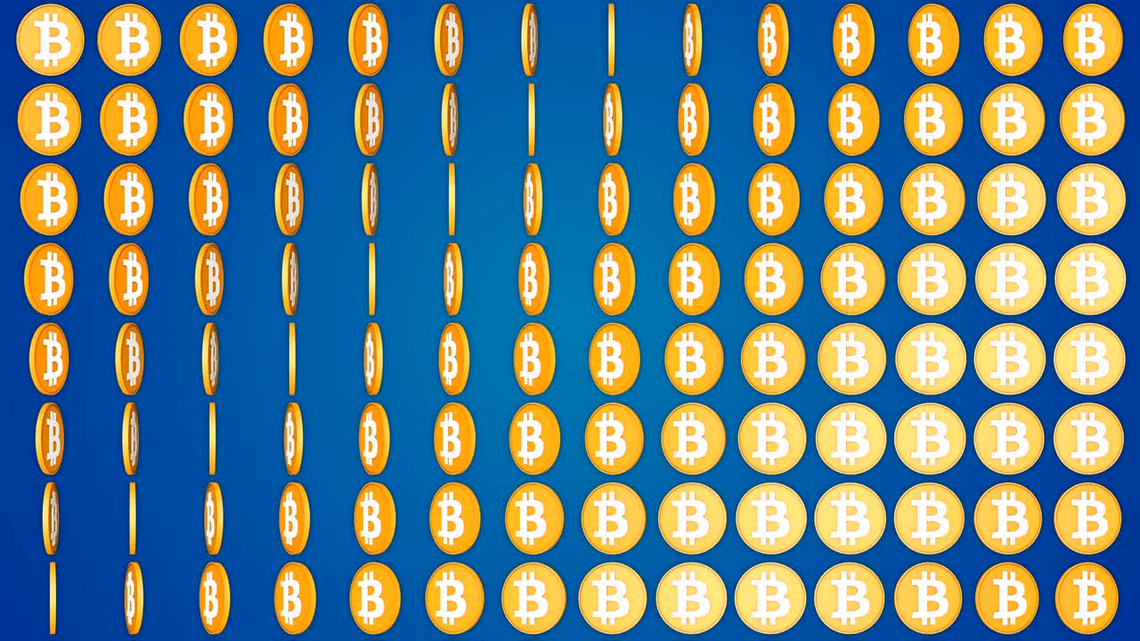 Bitcoin cryptocurrency blue background rotating coins pattern