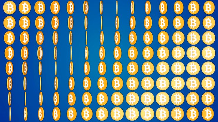 Bitcoin cryptocurrency blue background rotating coins pattern