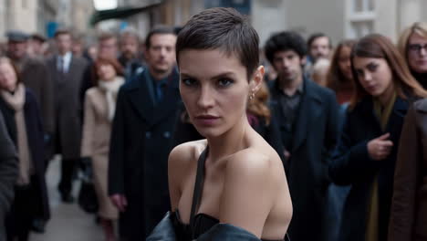 woman with short hair in a crowd