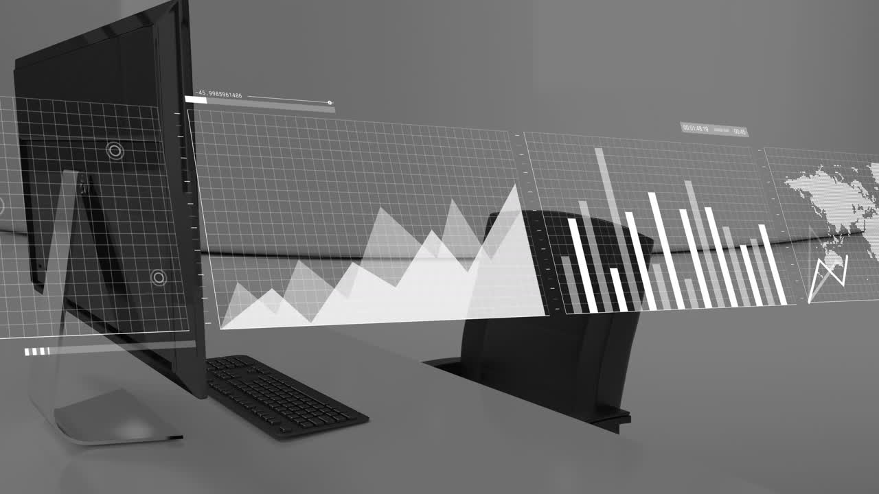 animación del procesamiento de datos financieros y estadísticas en la oficina