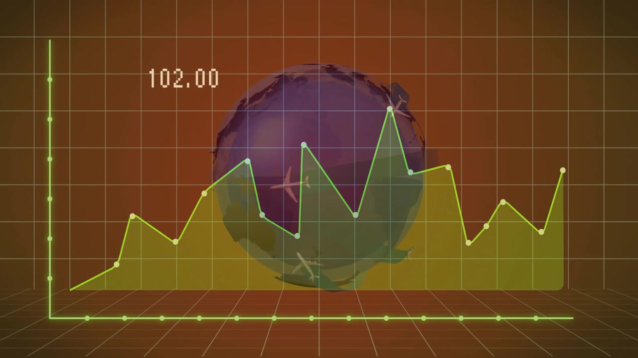 Grafico a linee animato che mostra le tendenze economiche globali con un mappamondo rotante