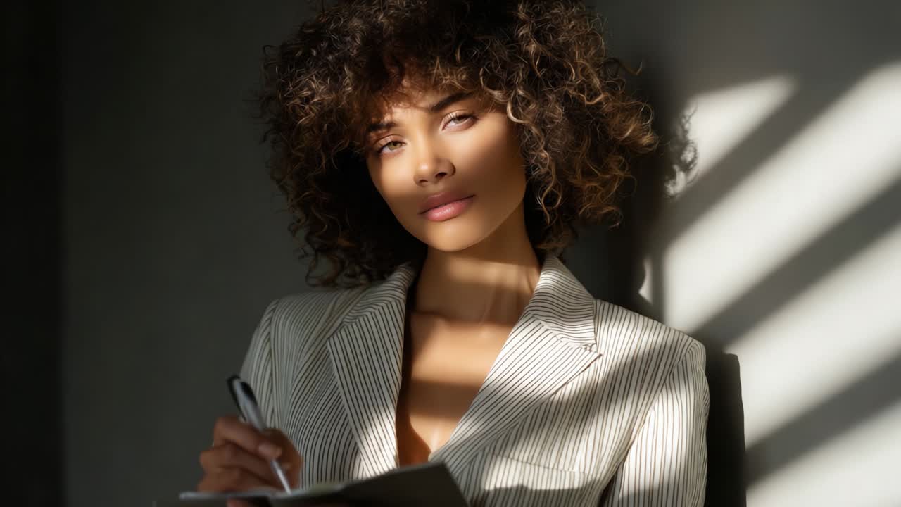 Captivating Portrait of a Female with Curly Hair in a Sunlit Setting, Writing in a Notebook, Emphasizing Natural Beauty and Soft Shadows, Reflecting an Introspective Moment and Elegance