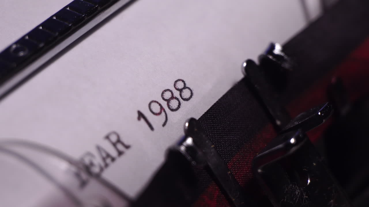 año 1988, escribiendo en papel blanco en una máquina de escribir de época, de cerca