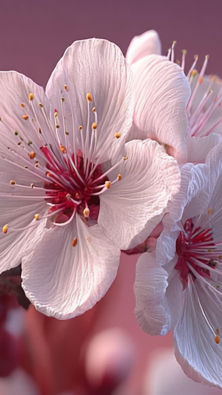 Close-Up Menakjubkan Bunga Sakura yang Halus di Latar Belakang Pastel Lembut, Menampilkan Kelopak Rumit dan Benang Sari Berwarna Cerah untuk Tampilan Bunga yang Memukau