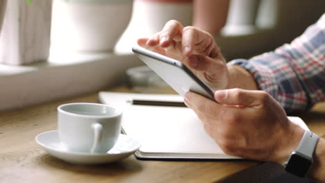 man, tablet and hands working on coffee shop